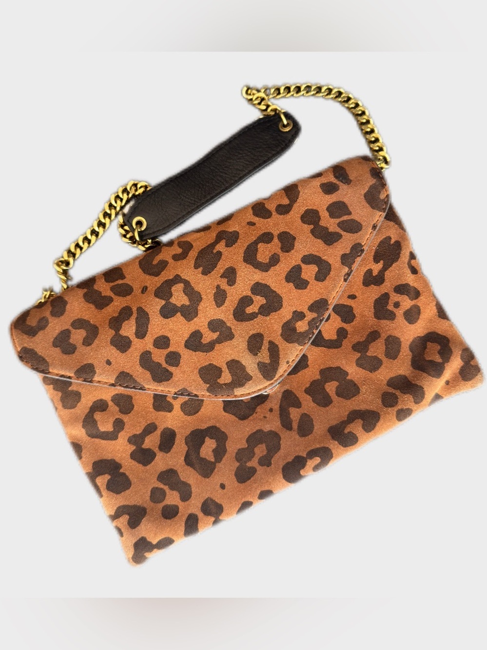 J.Crew Cheetah Leopard Suede Crossbody Flap Bag Gold Chain